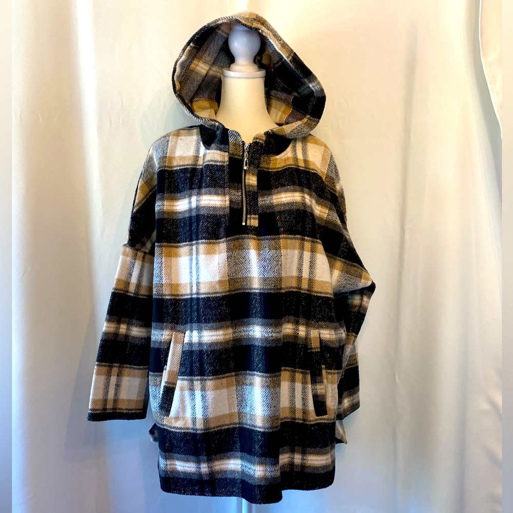 Women's Neutral Plaid 1/4 Zip Hooded Lightweight Pullover Jacket MD Cozycore